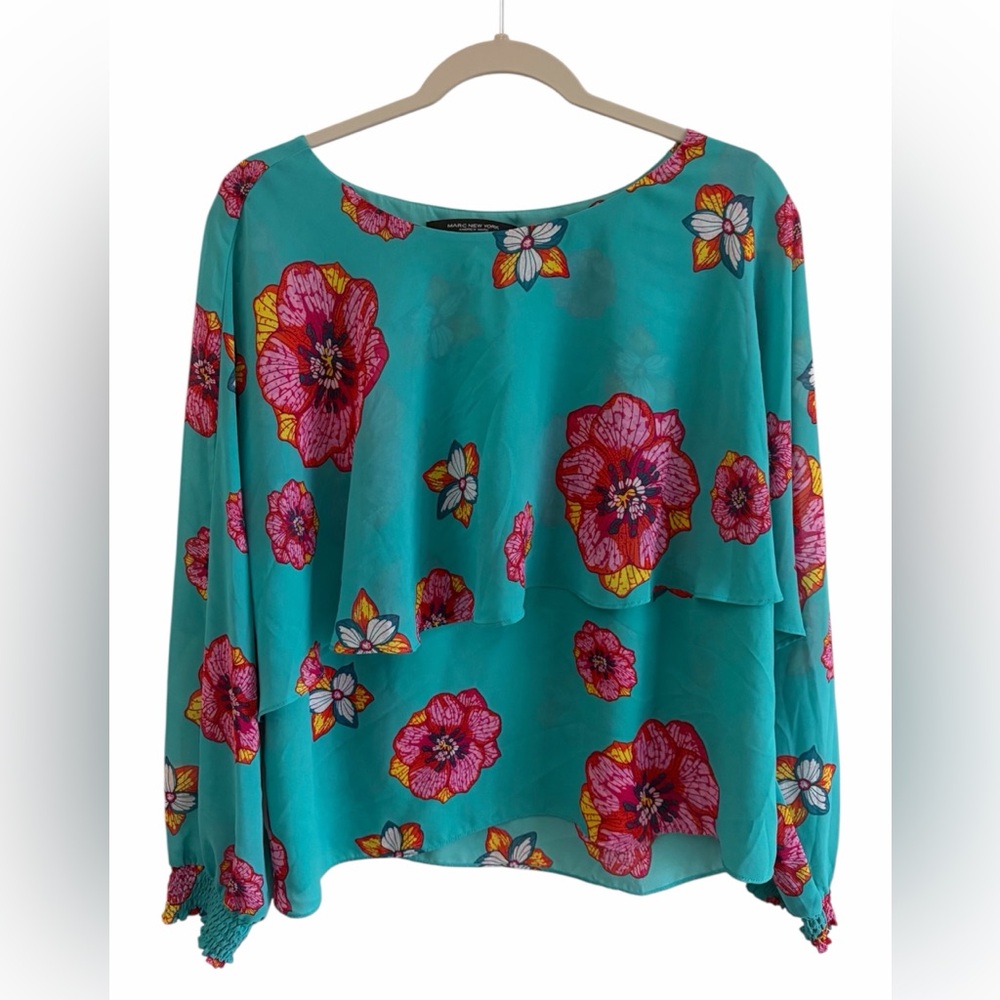Marc New York Hawaiian Floral Print Teal Mesh Blouse Size Large Resortwear Beach